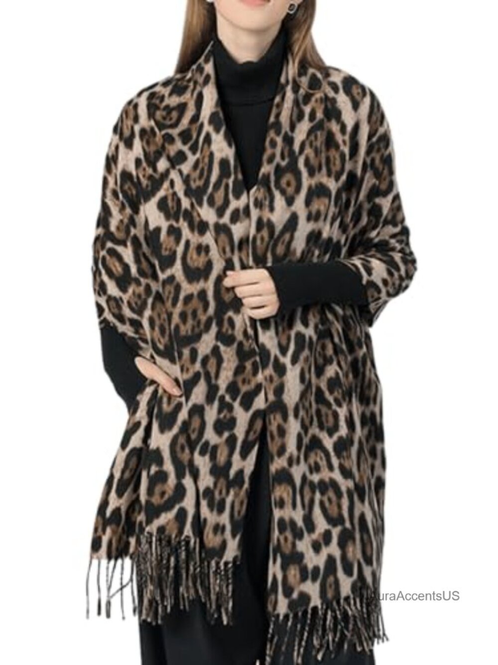 Long Leopard Print Fringe Blanket Scarf Soft Warm Polyester Wrap Shawl 71x28